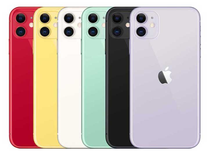 Back view of six iPhone 11 models in red, yellow, white, green, black, and purple, each with dual rear cameras.