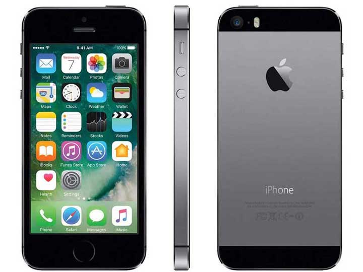 Front, side, and back view of the space gray iPhone 5s, featuring its compact design and classic iOS app layout.