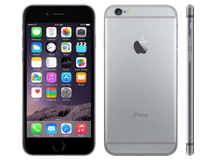 Apple iPhone 6 displayed from front, back, and side, featuring a sleek gray design and home screen with classic iOS icons.