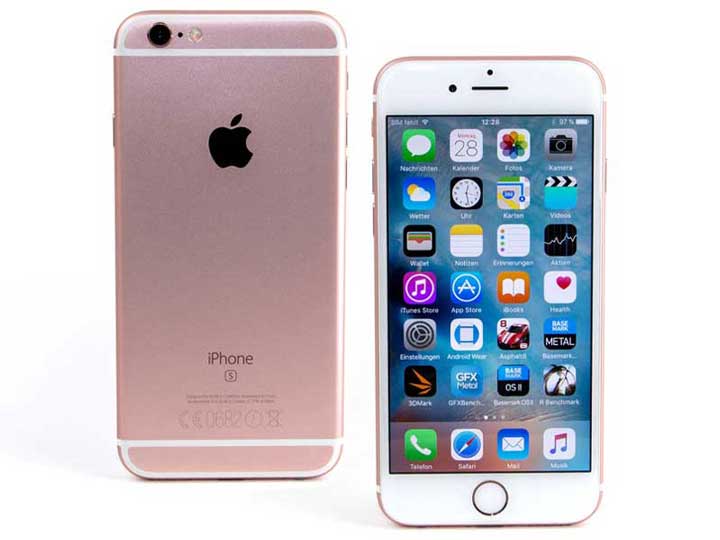 Front and back view of the rose gold iPhone 6s, displaying its app-filled home screen and sleek aluminum finish.