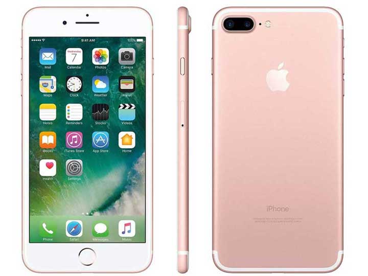 Front, side, and back views of the rose gold iPhone 7 Plus featuring dual rear cameras and a Retina HD display.
