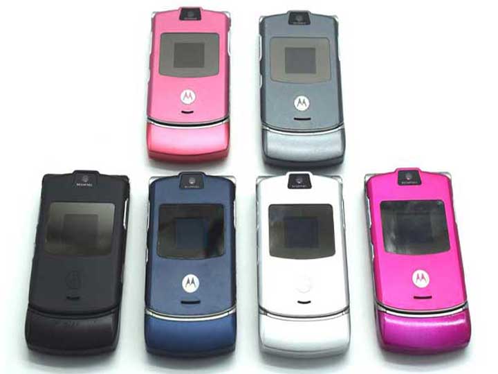 Collection of Motorola Razr V3 flip phones in six different colors.