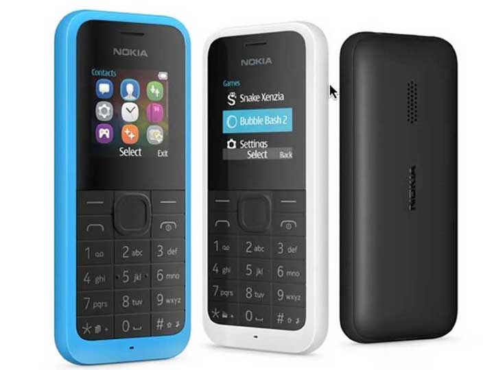 Front, side, and back views of Nokia 105 feature phone in blue, white, and black, displaying its keypad and classic game menu.