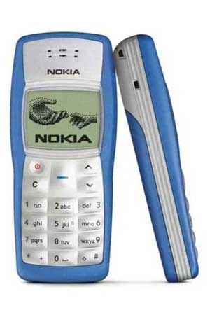 Blue Nokia 1100 phone shown from front and side views on a white background.