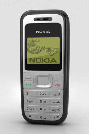 Nokia 1200 mobile phone with monochrome screen, classic D-pad, and silver keypad, shown against a light background.