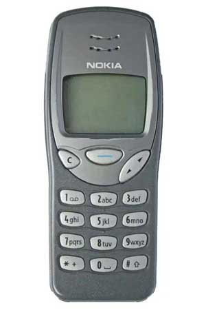 Front view of the classic Nokia 3210 mobile phone, featuring a monochrome display and physical keypad.