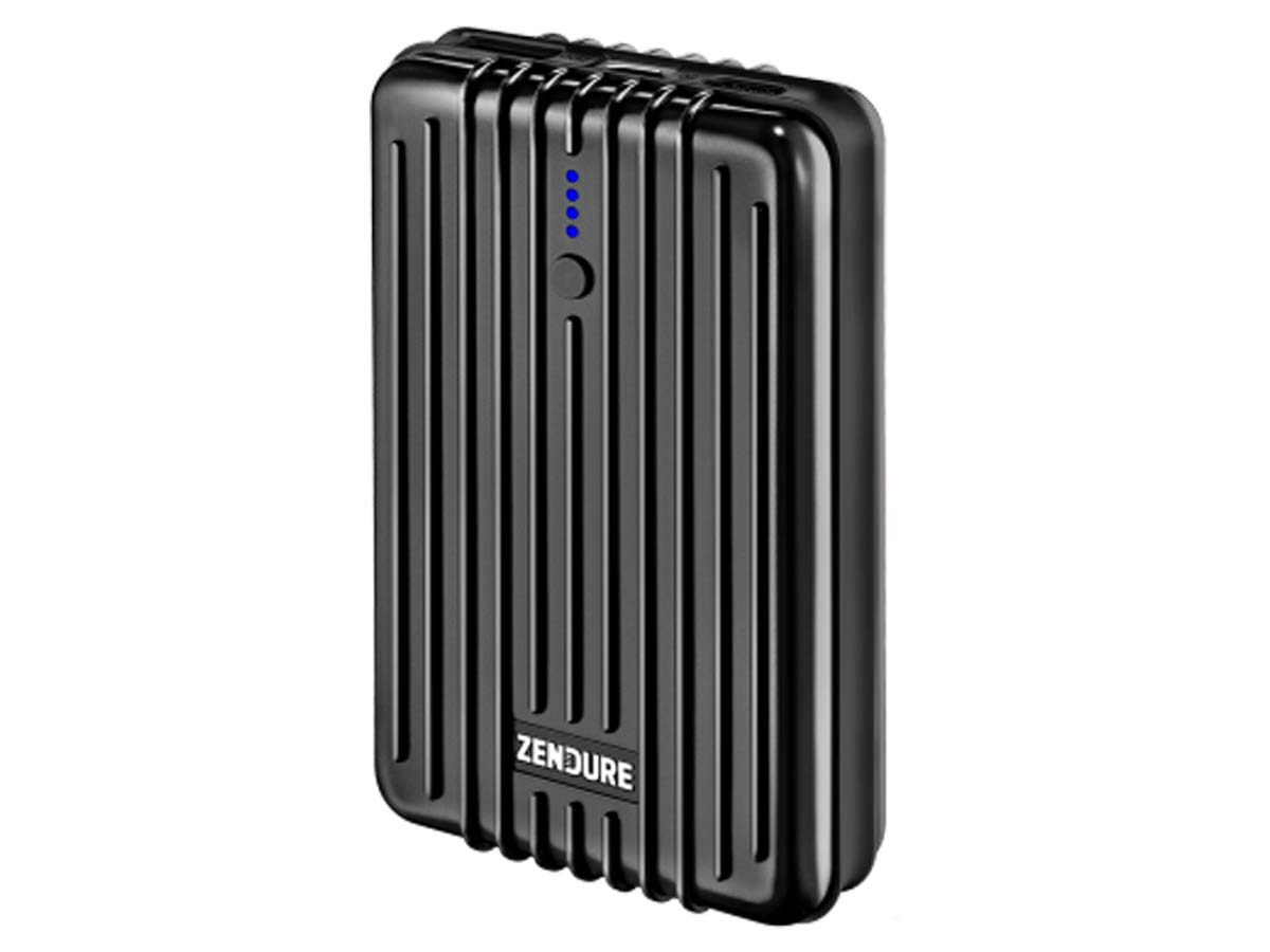 Zendure black power bank with rugged, ribbed design and LED battery indicators.