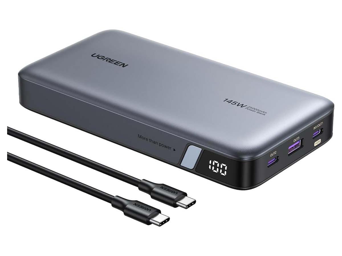 UGREEN 145W power bank with digital display and multiple fast-charging USB ports.